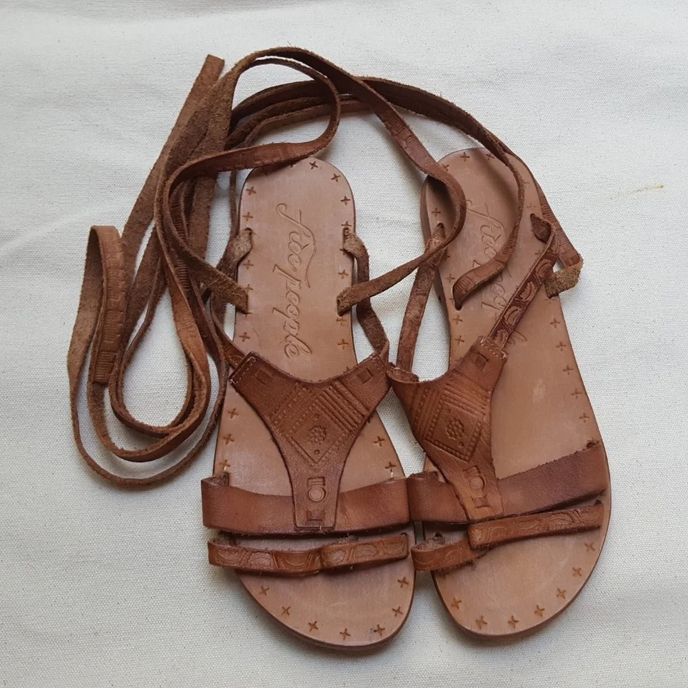 Free People Oliviera Tan Sandals Gladiator Flat Tooled LaceUp Ankle NEW 37 - 7 - Picture 6 of 14